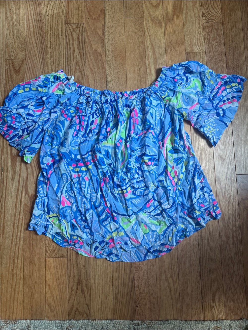 Lilly Pulitzer Blue Floral Off-Shoulder Tunic with Neon Accents
